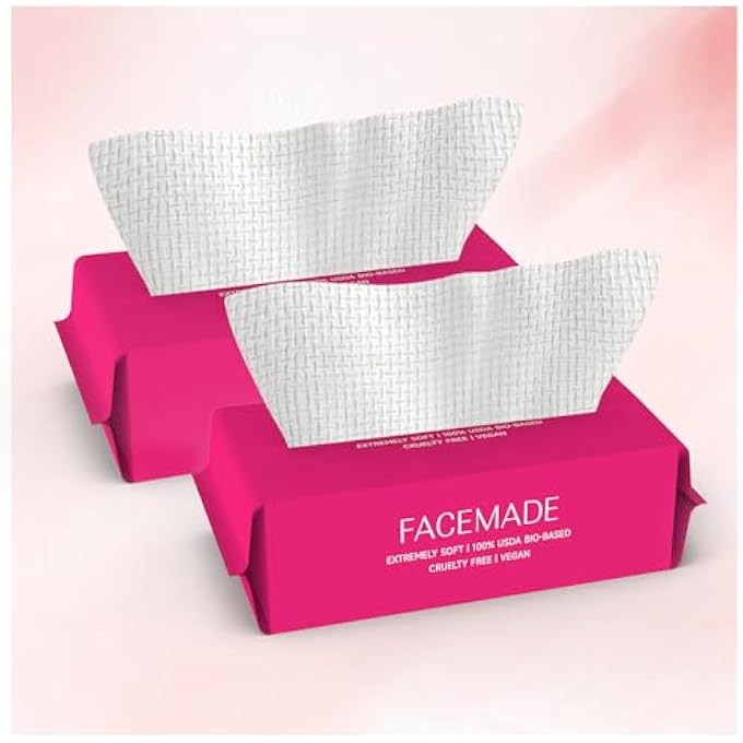 FACEMADE 100 عدد (2 عبوات) من مناشف الوجه القابلة للاستخدام مرة واحدة XL، مناشف وجه سميكة للغاية قابلة للاستخدام مرة واحدة، مناشف وجه نظيفة لإزالة المكياج، العناية بالبشرة، معتمدة من وزارة الزراعة الأمريكية 100% مصنوعة من مواد حيوية - Image 1